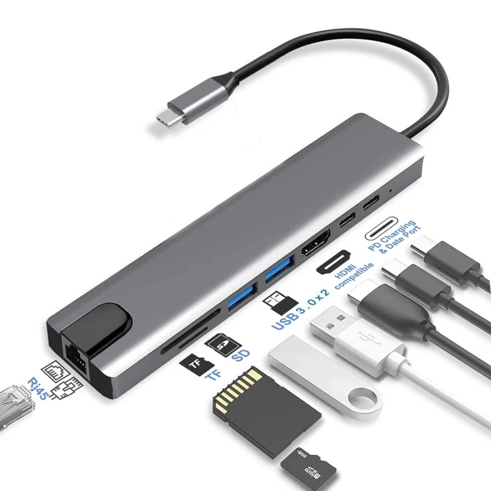 

WISTAR Type C Hub 8 in 1 Multi-Port USB C Hub 3.0 Type-C HDMI Adapter TF Card SD Card Reader Ethernet LAN Port PD Fast Charging