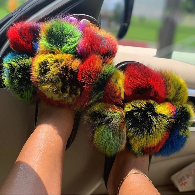 

Summer Flat Real Mink Fox Fur Sandals Lady 2021 Luxury Fluffy Pom Pom Slippers Shoes Home Furry Faux Fur Slides for Women, As pictures or customized colors