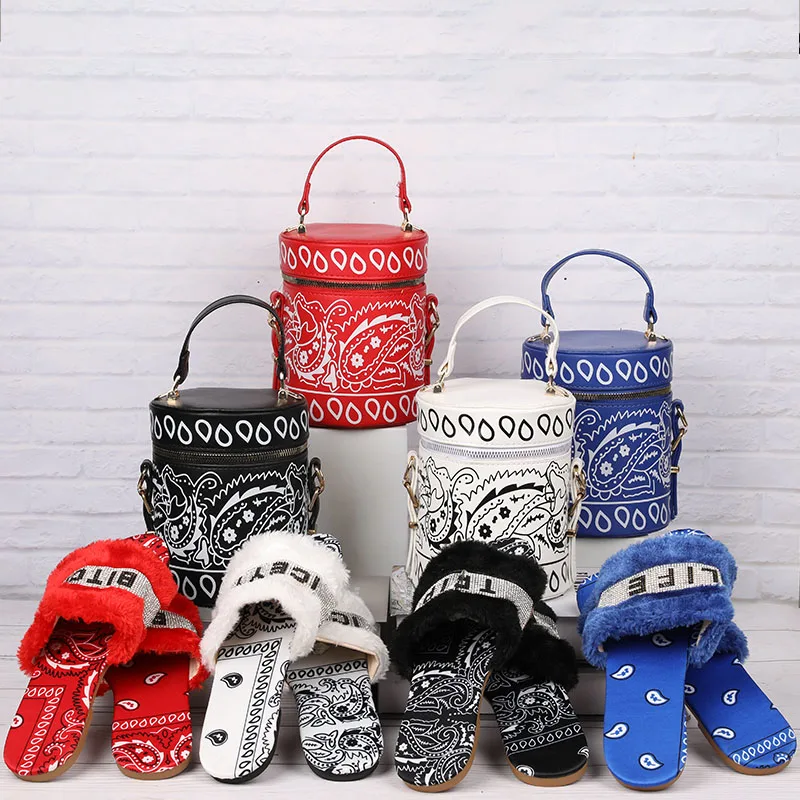 

2021 Latest Bandana Cashew Flower Purses and shoes to match slides and purse set, 6 colors available