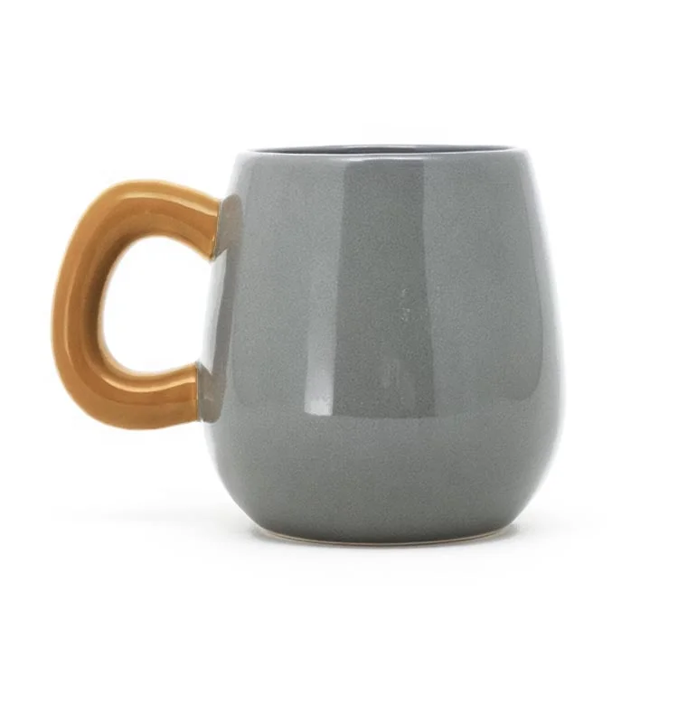 
Oval shape 16OZ ceramic stoneware smart coffee mugs plants mug yellow grey for gift 