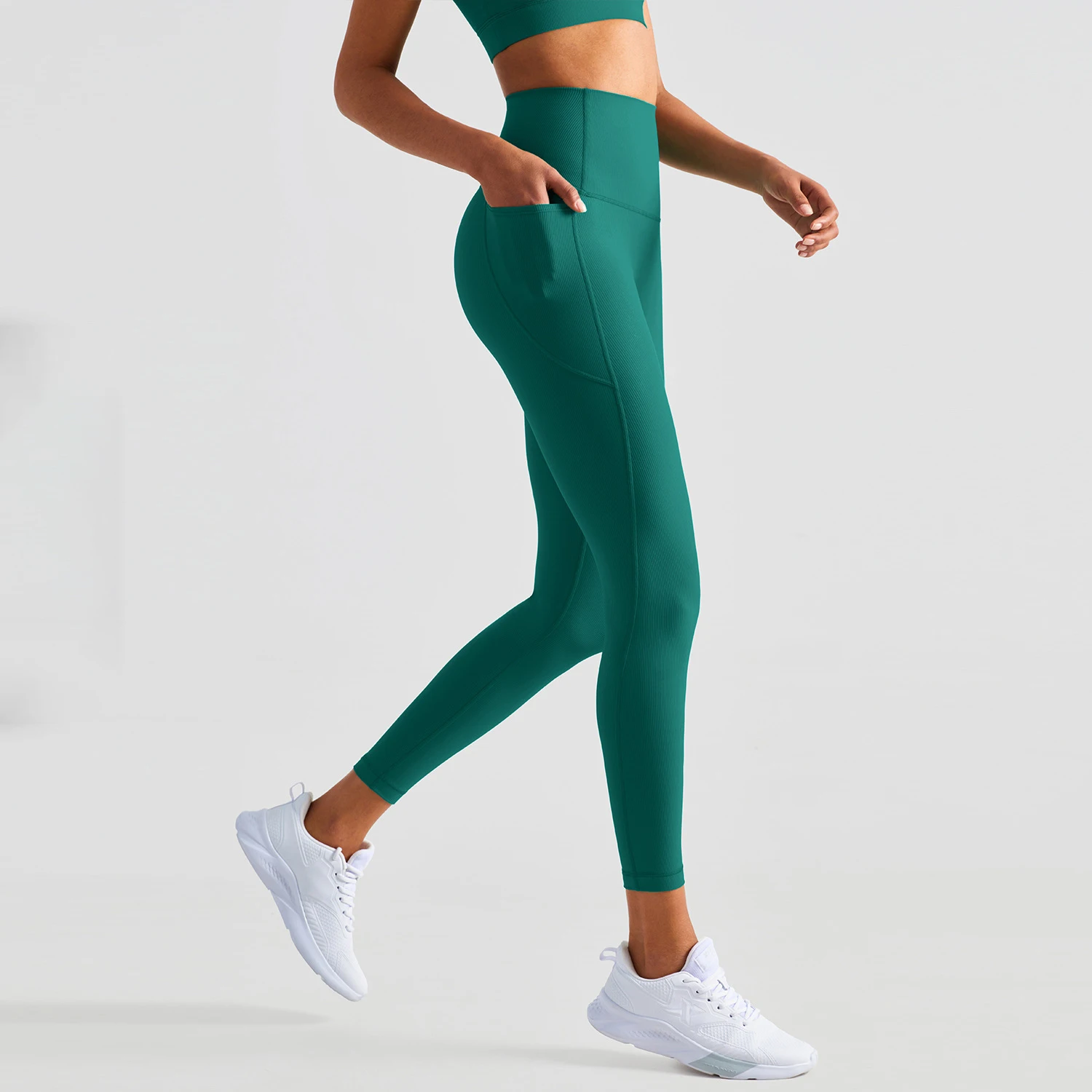 

2022 Summer New High Waist With Side Pockets Crotchless Yoga Pants Women Gym Tennis Outfit Ribbed Butt Lift Running Leggings