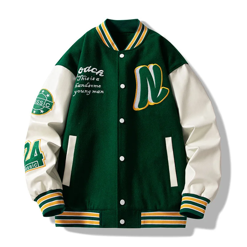 

fashion casual patchwork cropped baseball varsity jacket bomber letterman embroidered green plain varsity jackets, Customized color