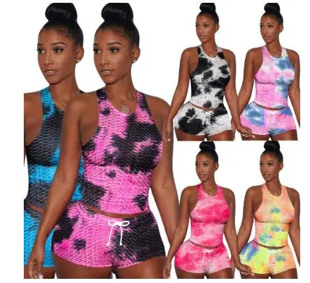 

F21764A in stock new summer gym suit women tie-dye ink jacquard sleeveless bubble yoga shorts suit for women, As picture