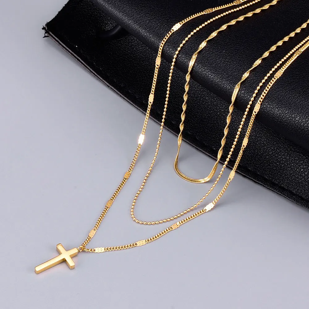 

Luxury Shining Religious Stainless Steel Cross Pendant Necklace Layered Chains Necklace for Women Jewelry