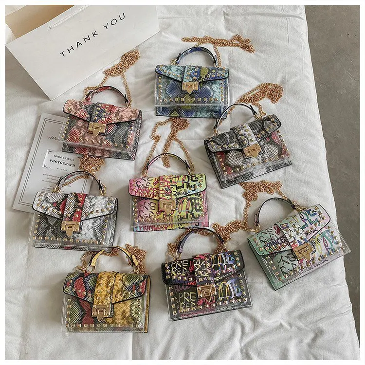 

New trendy mini serpentine graffiti handbags women ladies shoulder bag crossbody purse jelly bag hand bags with chain, 8colors