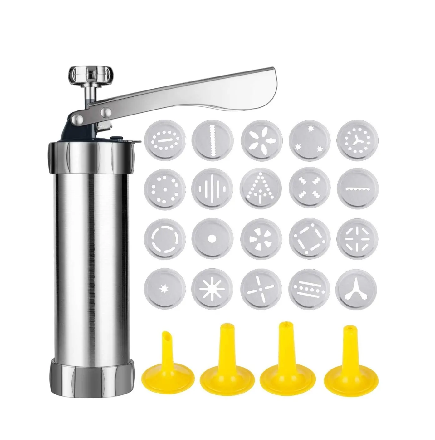 

Stainless Steel Biscuit Press Cookie Gun Set with 20 Discs and 4 Icing Tips Metal Cookie Press Cake Decorating Gun Biscuit Maker, Silver