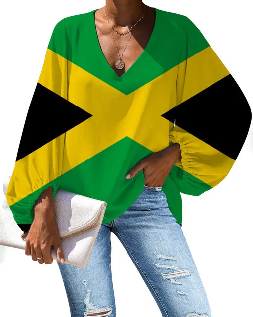 

Luxury Brand Womens Clothes Jamaican Flag African UNIA Flag Pattern Summer Chiffon Blouses Tops Lightweight V Neck Casual Shirts, Customized color