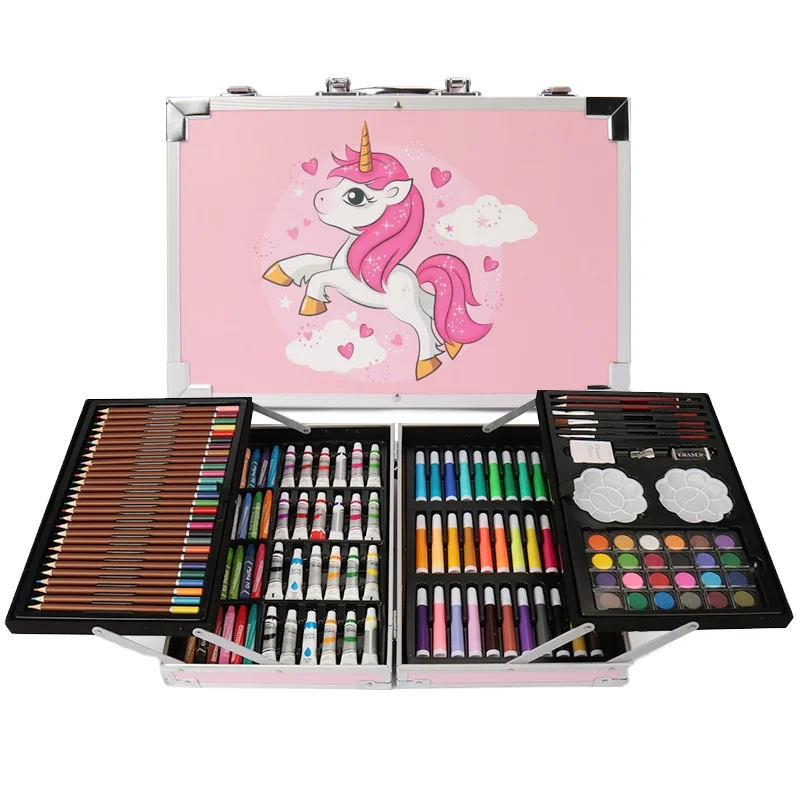 

Custom Stationery Kids Art Painting Kids Drawing Art Set Aluminum Box Drawing Kit Water Color Pen Color Box For Kids