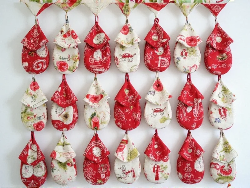 Upcycled fabric advent calendar with 24 hanging pouches