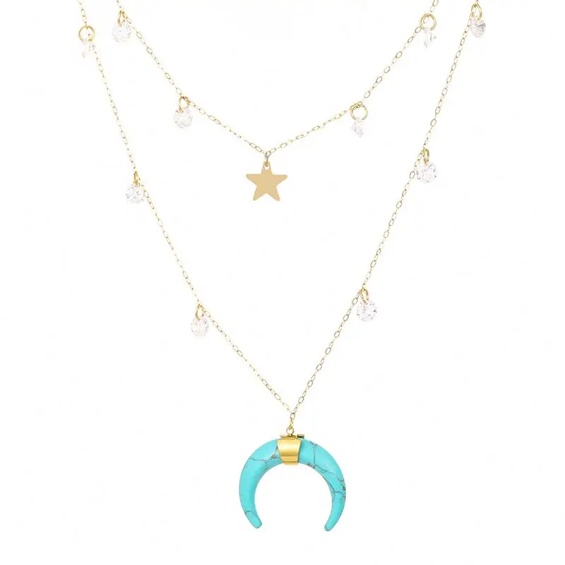 

Trendy Crescent Shaped Turquoise Pendant Star Zircon Layered Stainless Steel Gold Plated Chain Necklace