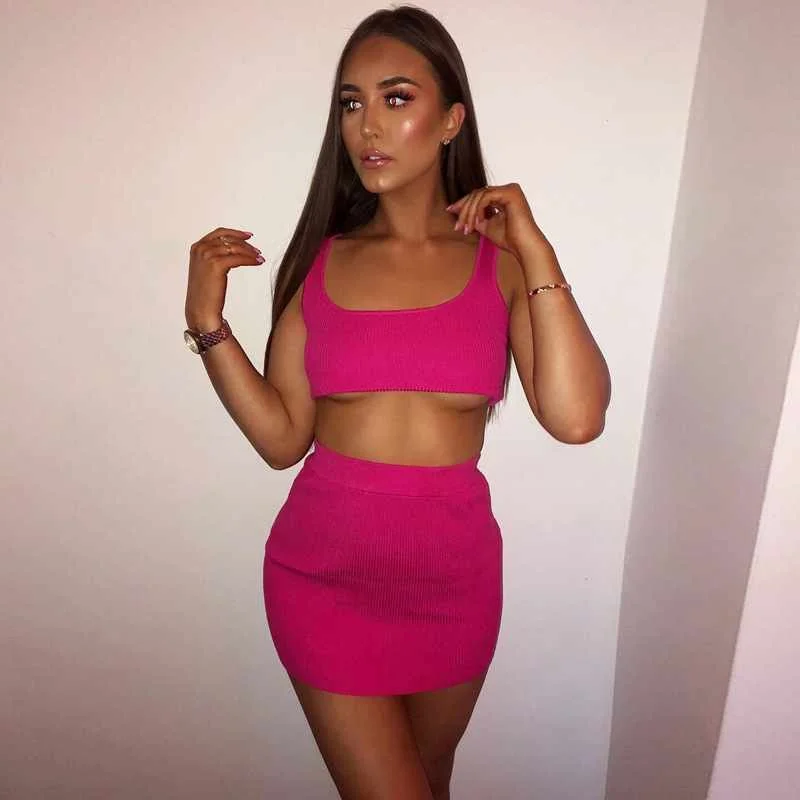 

Wholesale Women Clothing Two Piece Set Spaghetti Strap Crop Top Orange Color Sleeveless Bodycon Ladies Dress, 4 options