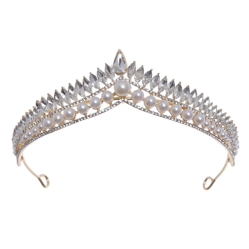 

White Pearl Headpiece Crystal V Shape Tiara Accessoires De Mariage Coronas De Reinas