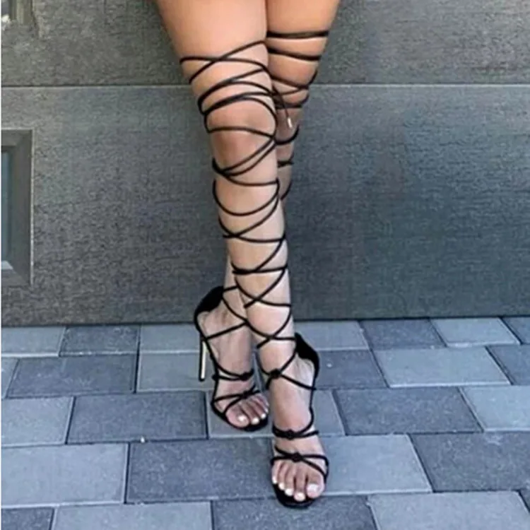 

2021 New women gladiator knee high sandals open toe lace up cross strappy sandals women high heels fashion sexy shoes