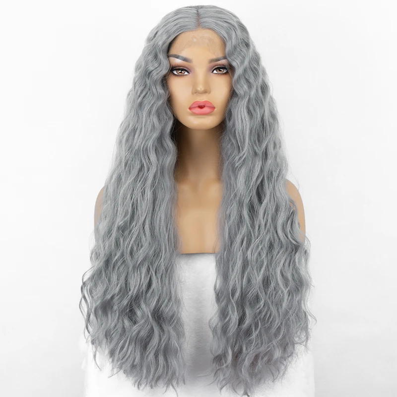 

Aliblisswig Natural Looking Silver Grey 30" Extra Long Curly Middle Part Heat Friendly Fiber Hair Lace Front Synthetic Wig