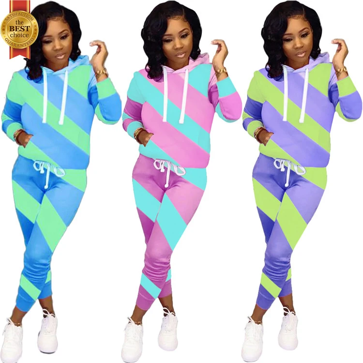 

Custom Ladies Striated Hooded Sweatshirt Long Pants Sets Winter Sports Jogging Tracksuit Women 2 Piece Set, Picture