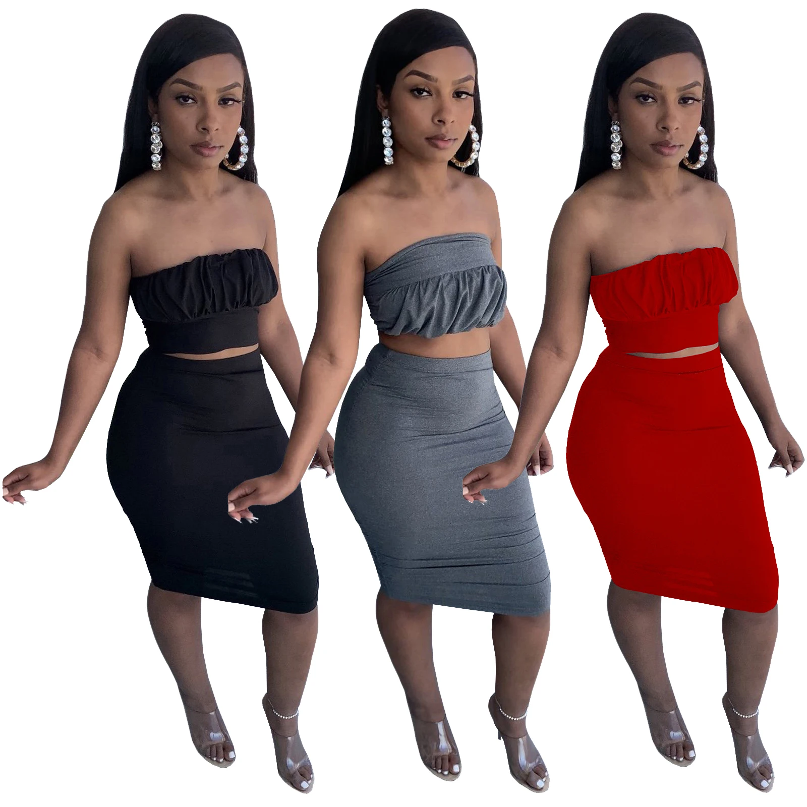 

2021 summer new arrivals trendy sexy strapless wrap party pencil dress 2 two piece long skirt set women clothes outfits clothing, Picture