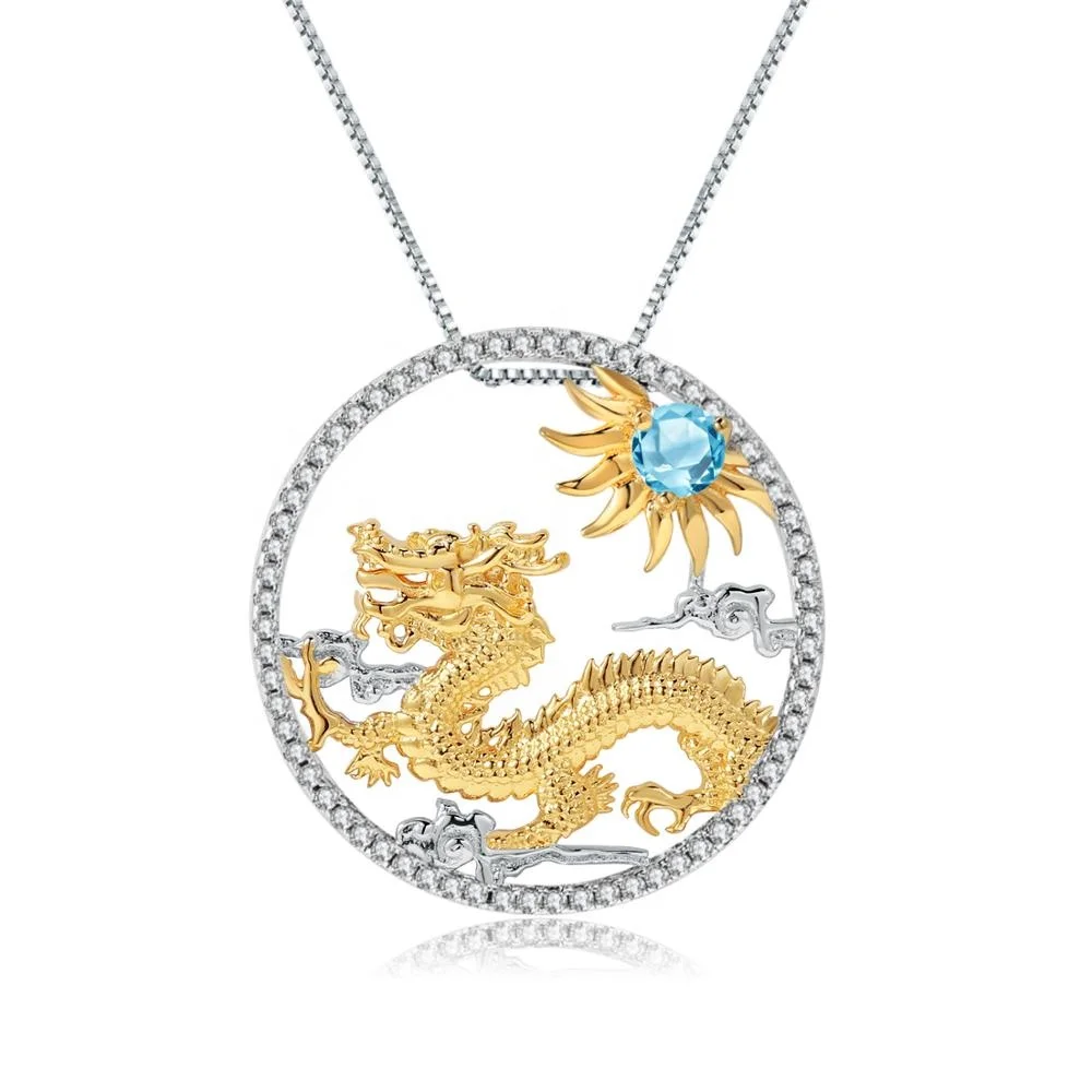 

Abiding Natural Swiss Blue Topaz Handmade Chinese Zodiac 925 Sterling Silver Dragon Pendant Necklace Jewelry