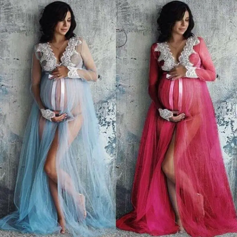 

Lace V-Neck Hollow out Maternity Dresses For Photo Shoot Pregnant Woman Clothes Long-length Photography Props