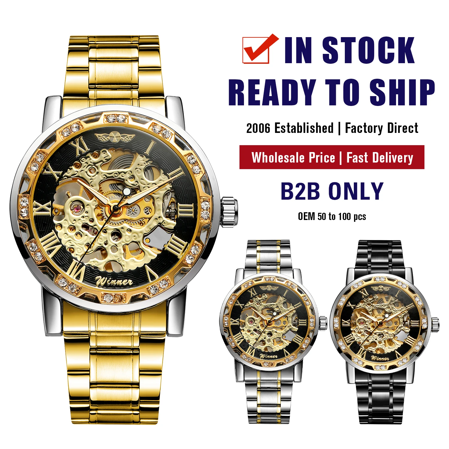 Wholesale WINNER Mechanical Watches Reloj Hombre Hand Wind Watches Roman Number Montre Sport Gold Skeleton Wristwatches Hot Men