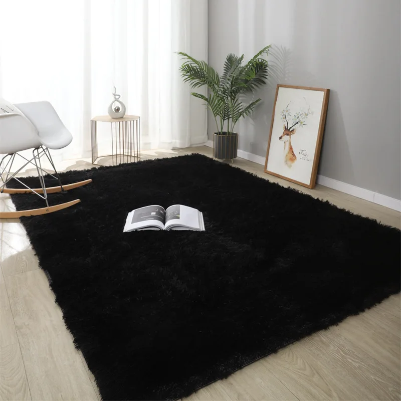 Pure Black Faux Fur Sheep Skin Long Pile Shaggy Fluffy Soft Comfortable Carpet and Rug Long Pile Faux Fur Carpet