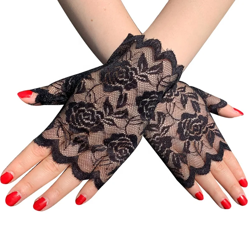 

2023 Bridal Accessories Wedding Mitten Women's Black Short Fingerless Flower Lace Mittens