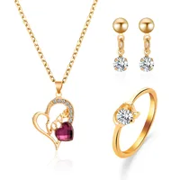 

Jiushang 2019 women fashion zircon pendant red diamond gold heart necklace earring rings set for gifts