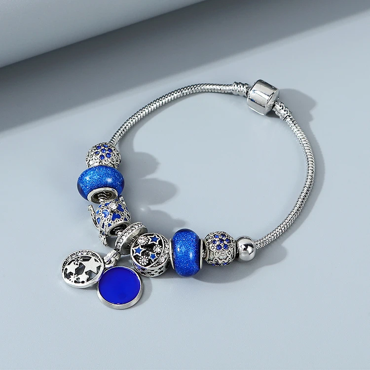 

European Best Selling Deep Blue Glass Bead Charm Bracelet CZ Cubic Zirconia Round Coin Drop Charm Bracelet For Women Girls