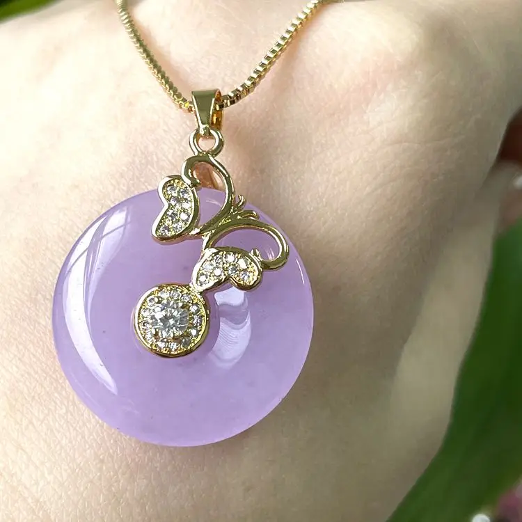 

Fashion Lavender Round Jade Butterfly Pendant Necklace For Women Jewelry Circle Donut Butterfly Necklaces In 18K Gold, Green,pink, lavender