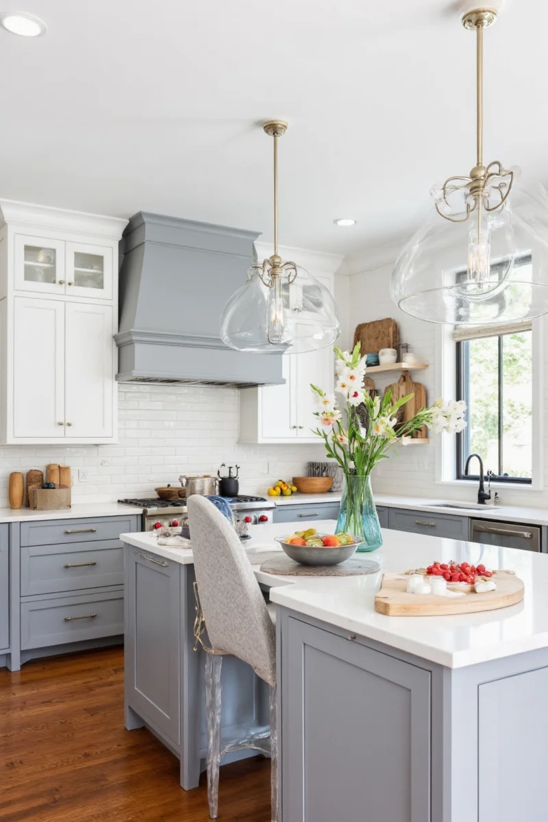 Modern gray and white kitchen with marble countertop