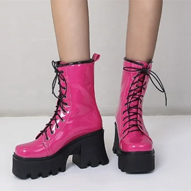 

Beautiful Lady's Winter Boots Spring Autumn Fancy Girl's Shoes Booty Students Lace up Ankle Boots Thick Sole Platform