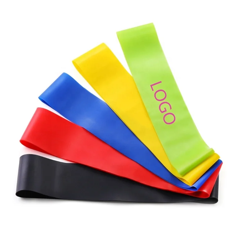 

Gym fitness custom printed stretching home exercise non slip adjustable latex loop elastic resistance bands, Black, red, green, blue, yellow