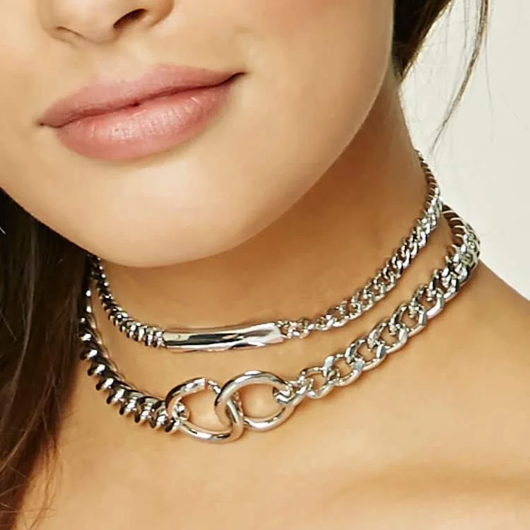 

Statement Silver Plated Metal Double Deck Chunky Chian Chocker Punk Style Cross Flattening Clavicular Chain, Black brown