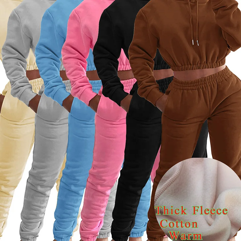 

Custom Hoodies Winter Clothing 2021 Crop Top Thick Fleece Cotton 2 Jogging Sweatpants And Hoodie two piece pants set women, As picture or customized make