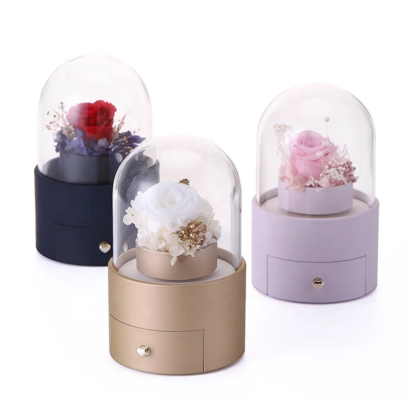 

2021 New Ready Stock Drawer Slide Lighted Gift Packaging Ring Jewellery Boxes LED Light Rotated Preserved Flower Jewelry Boxes, As pictures or customized