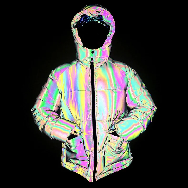

trendy custom logo high visible rainbow reflective winter bubble outwear puffer overcoat bomber quilted jacket with hood for men