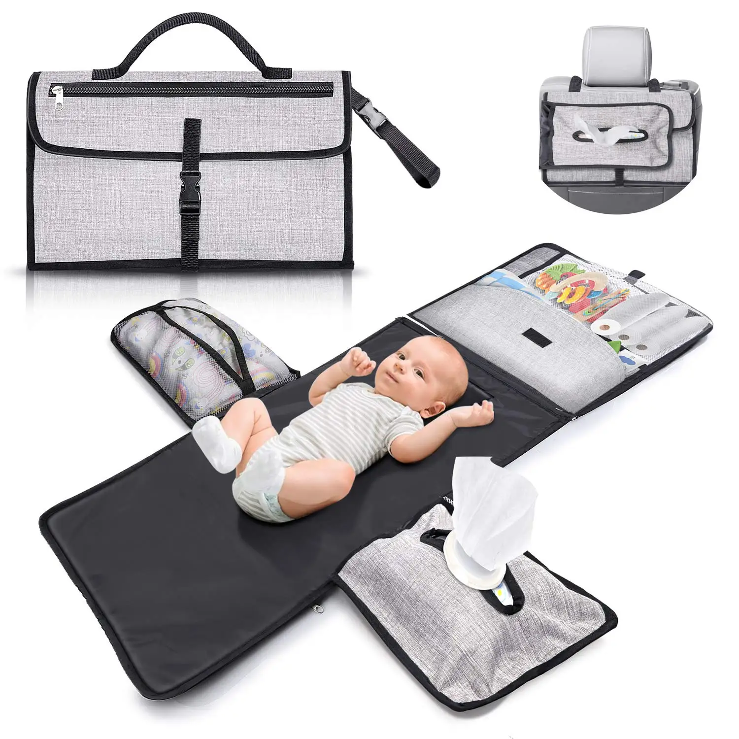 

Waterproof Portable Baby Diaper Changing Pad Detachable Baby Travel Changing Mat Station with 6 Pockets Holding Anything, Black/grey/customized color