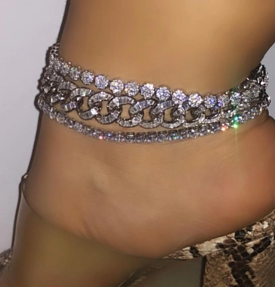 

9" 10" iced out bling rectangle cz cuban chain anklet 2020 summer new women chains, Picture