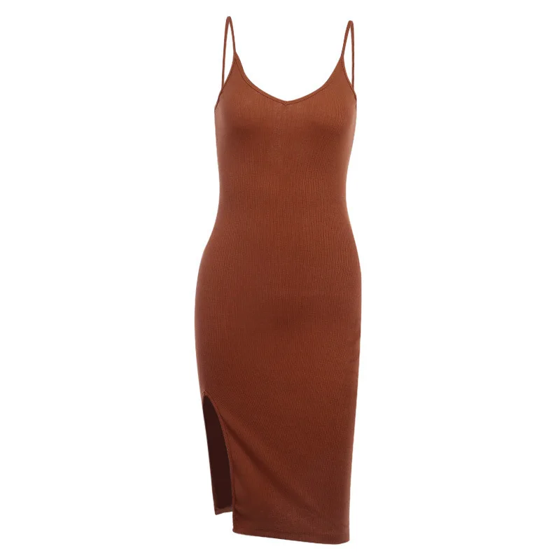 

2021 summer knitted sling dress ladies sexy split hip skirt