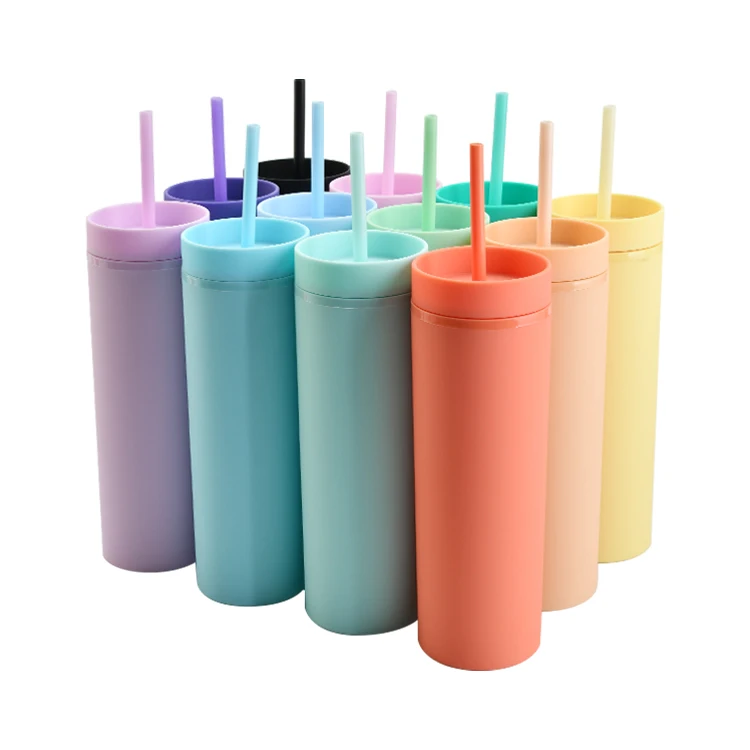 

USA Overseas warehouse delivery 16 oz Pastel Acrylic with Lids Straws Double Wall Matte Plastic slim Tumblers DIY Gifts Cups, 16 colors or customized colors acceptable