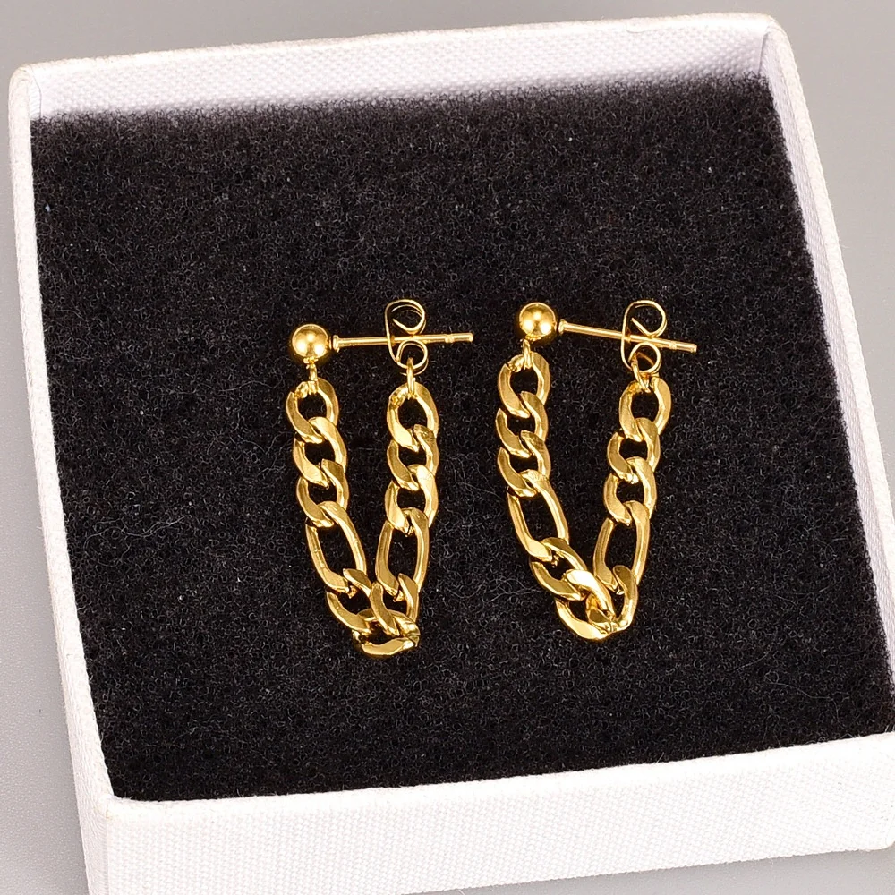 Wholesale High End Waterproof Hypoallergenic Stainless Steel Women Jewelry Trendy 18K Gold Plated Figaro Chain Earrings 2022