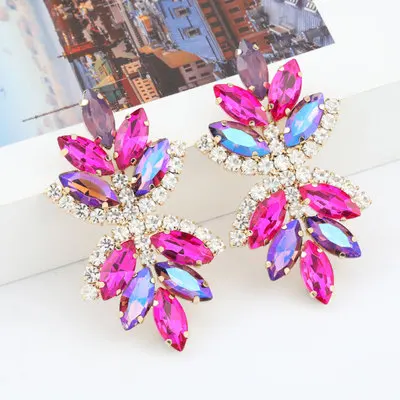 

6.3CM Long Statement Crystal CZ Flower Earrings Rose Red Resin Flower Petal Stud Earrings for Bridal Wedding