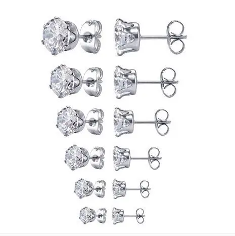 

6 pairs Round Zircon Stud Earrings Stainless Steel Minimalist Simple Stone 3-8mm CZ Earrings for Women Men Unisex