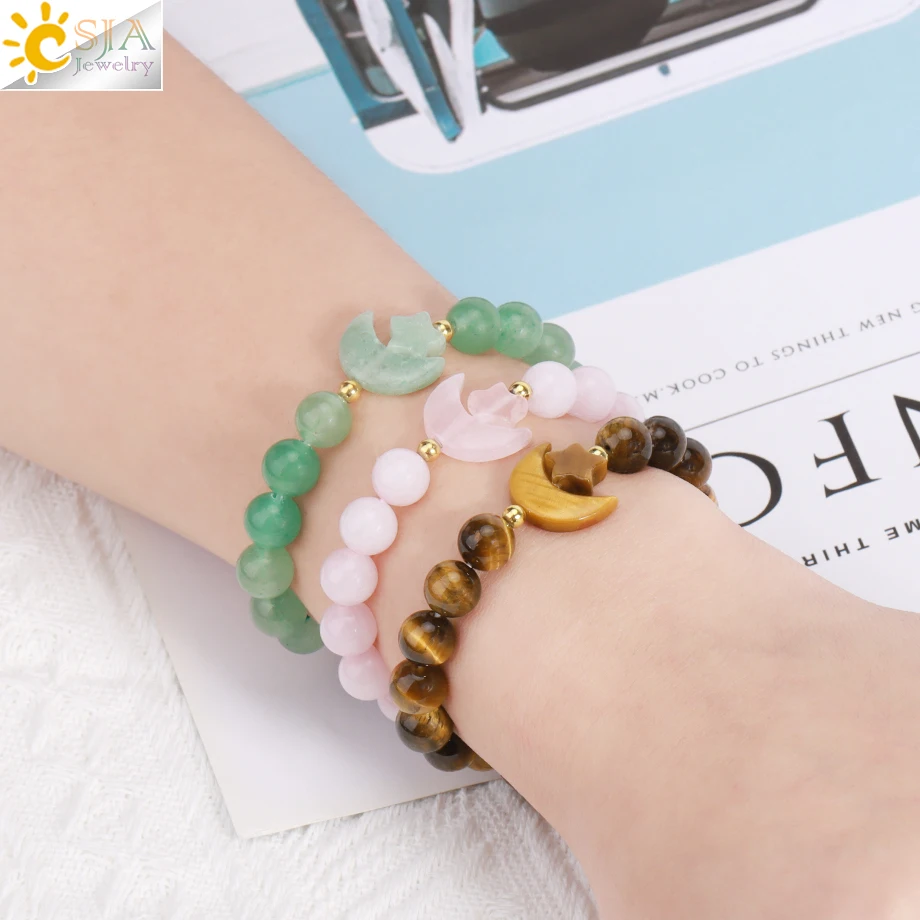 

CSJA Fashion Jewelry Star Moon Charm 8mm Gorgeous Natural Stone Healing Quartz Crystal Beads Bracelets for Women Men T019