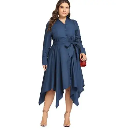 

Autumn Winter Plus Size Women Dress Lapel Long Sleeve Irregular Hem Denim Dress Solid Casual High Waist Button Belt Dress, Pictures