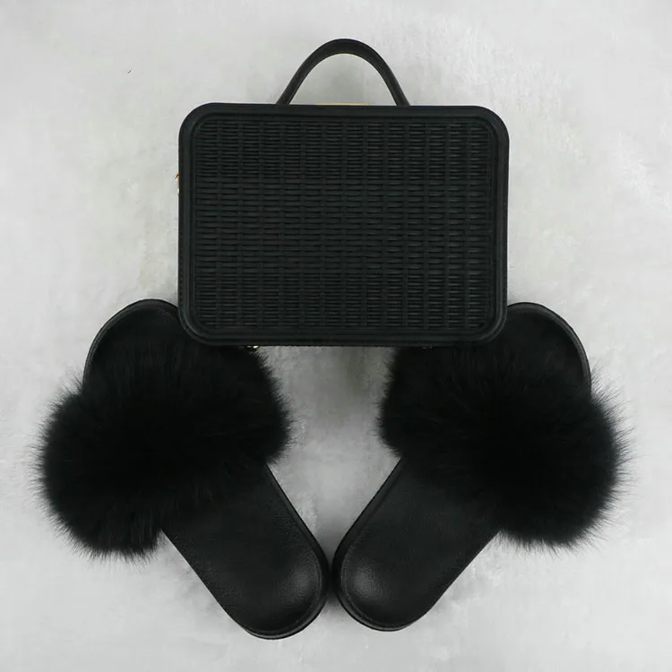 

New Arrival Solid Color Woven Jelly Handbag Fox Fur Grass Ladies Sandals And Handbags Set For Women