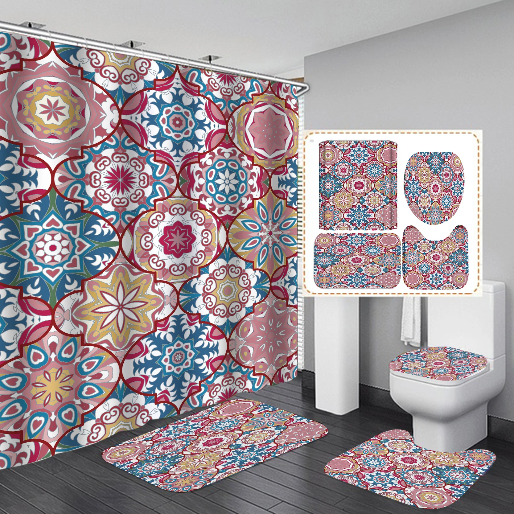 

3D styles mandala print shower curtain mat Set with Hooks