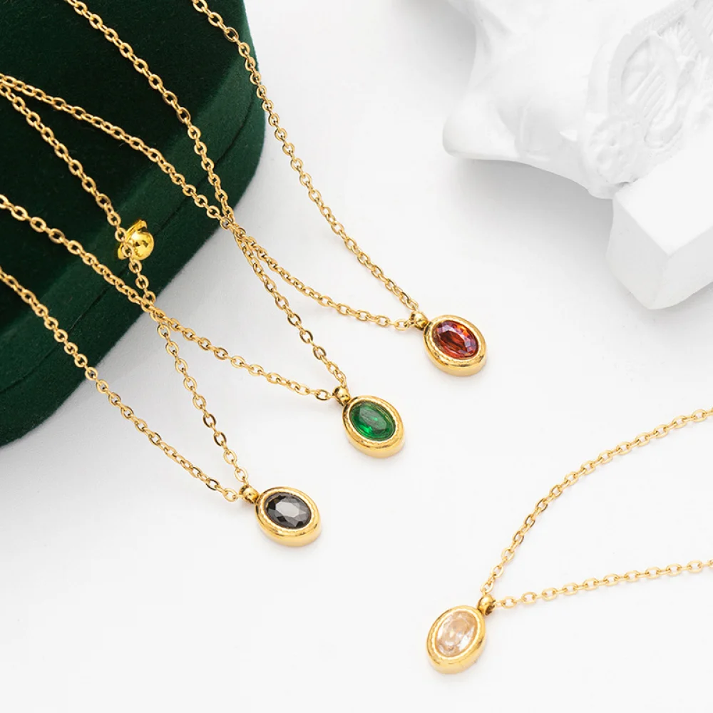 

Emerald Zircon Collar Chain Necklace Stainless Steel Oval Gold Plated Stainless Steel Black Zircon Necklace