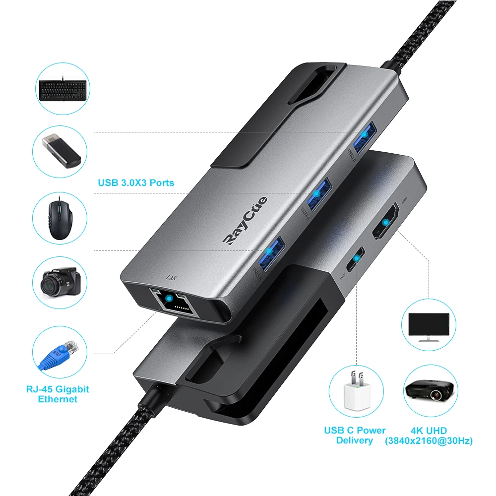 
Raycue OEM/ODM 6 in 1 USB Type C Hub with PD Charging 4K HD-Ml RJ45 Adapter 