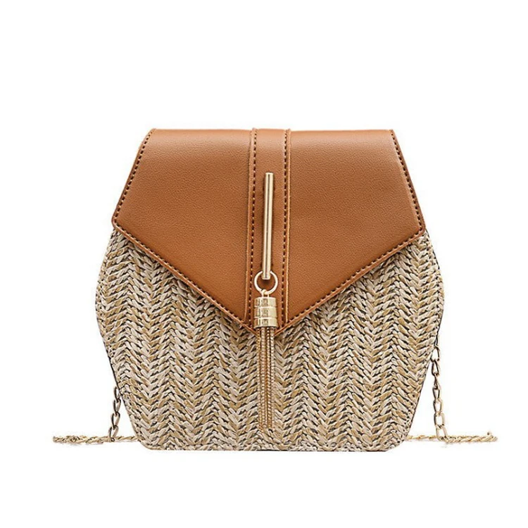 

Hexagon summer boho handmade beach rattan crossbody bag straw woven shoulder bags, Black,brown,green,white