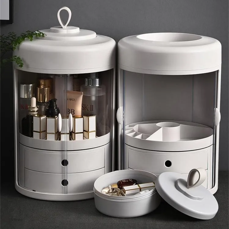 

Dust Proof Makeup Organizer Multifunction Clear Collapsible Storage Bin with Front Window, White, pink or gray